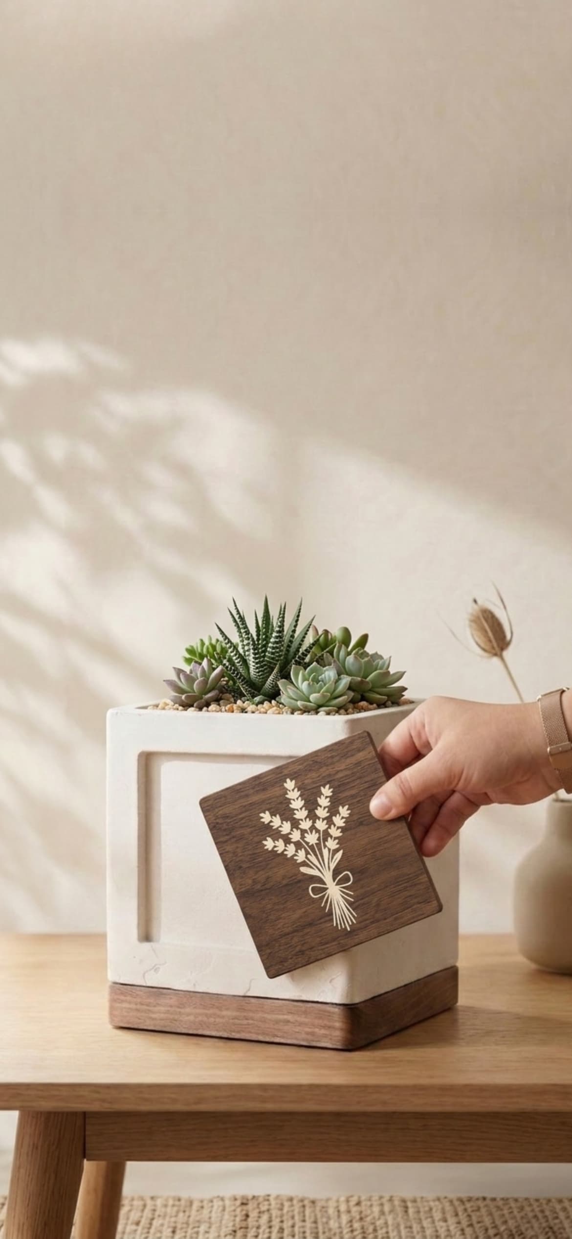 Handcrafted concrete vessel in a home setting with lavender and housewarming styling